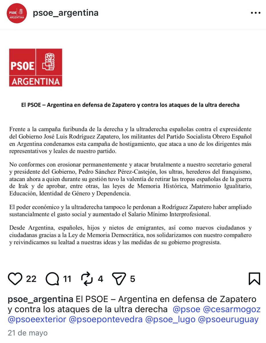 Sr_Donze's tweet photo. El PSOE Argentina en defensa de Zapatero. https://t.co/sJkzp9G8J2