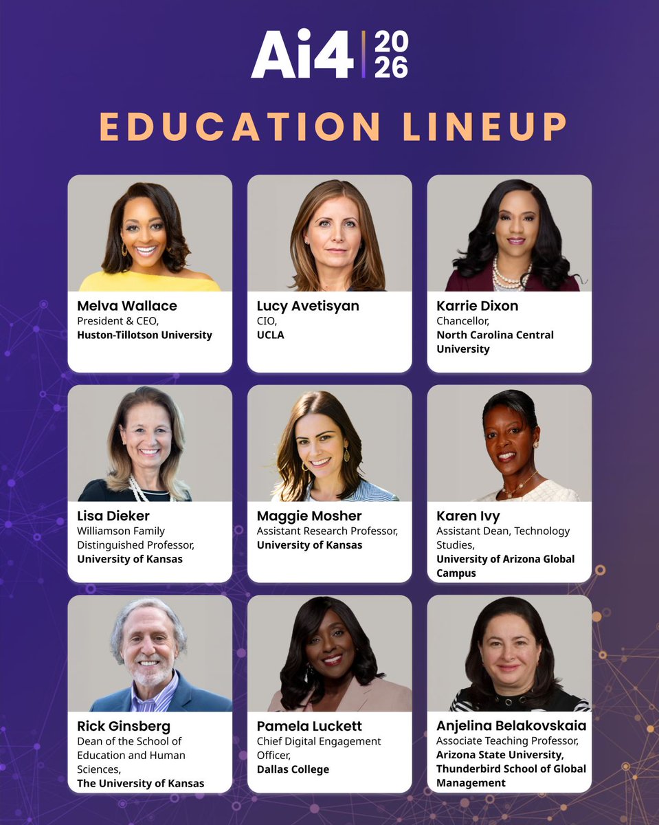 Ai4Conferences's tweet photo. Education speakers at Ai4 2026 explore how academic institutions are adapting to an AI-first world, from personalized learning and AI-powered grading to curriculum redesign and ethics. 

Educators and leaders are rethinking how we teach, learn, and prepare students for the future. Featured speakers include:

Melva Wallace, President & CEO, Huston-Tillotson University
Lucy Avetisyan, CIO, UCLA
Dr. Karrie G. Dixon, Chancellor, North Carolina Central University
Lisa Dieker, Williamson Family Distinguished Professor, The University of Kansas
Maggie Mosher, Ph.D., Assistant Research Professor, The University of Kansas
Dr. Karen Ivy, Assistant Dean, Technology Studies, The University of Arizona Global Campus
Rick Ginsberg, Dean of the School of Education and Human Sciences, The University of Kansas
Pamela Luckett-Smith, Ph.D., Chief Digital Engagement Officer, Dallas College
Anjelina Belakovskaia, Associate Teaching Professor, Arizona State University, Thunderbird School of Global Management
And more!

Join us to explore how AI is redefining the education experience. Save up to $900 when you register now: https://t.co/aMxSjZYsjd