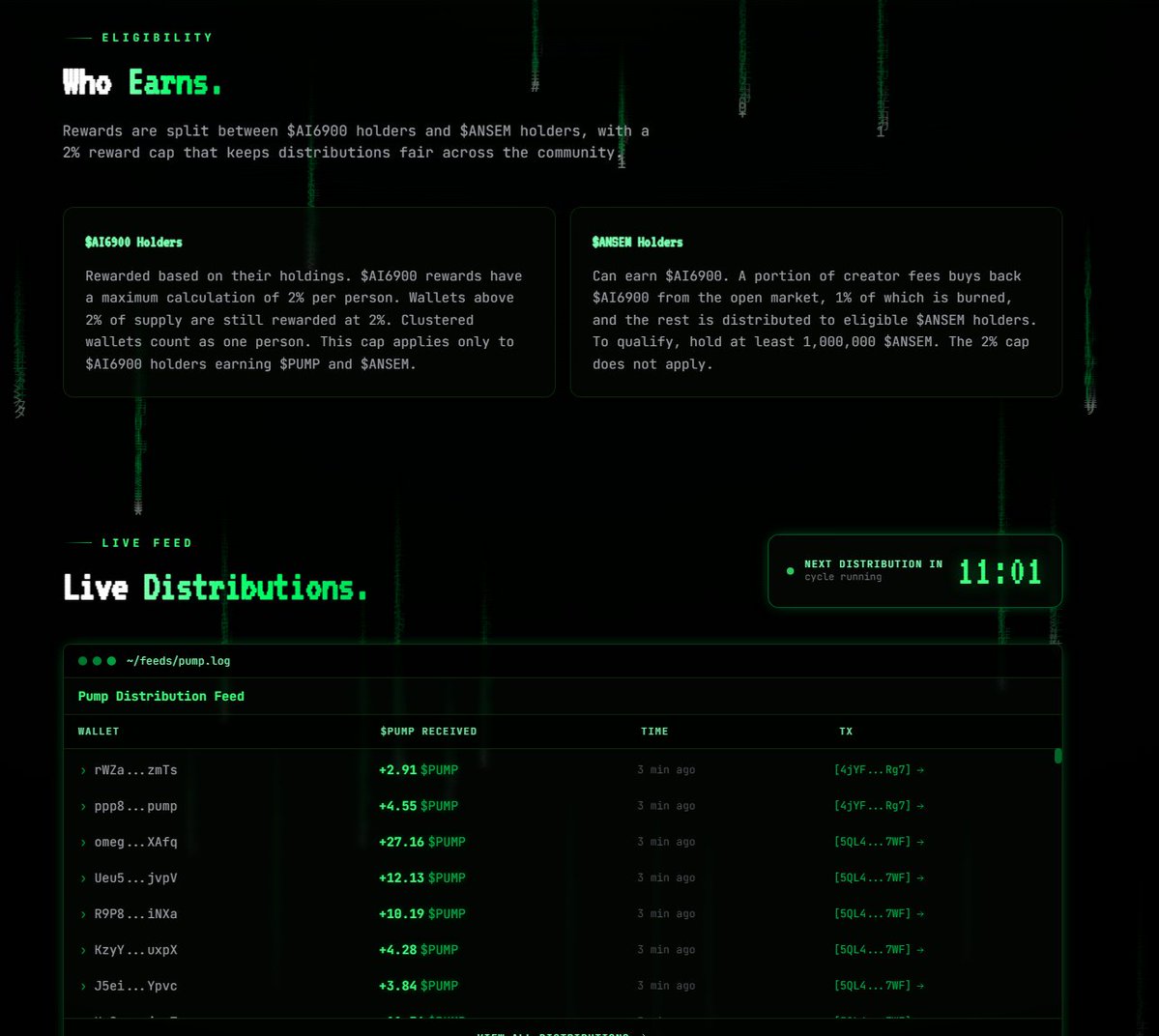 AI6900's tweet photo. If you're wondering about who can earn. 

Both $AI6900 and $ANSEM holders can earn rewards.

$AI6900 Holders: Earn based on holdings, with a 2% reward cap per person.

$ANSEM Holders: Earn $AI6900 by holding at least 1,000,000 $ANSEM. No reward cap applies. https://t.co/QcUgdkKtHh