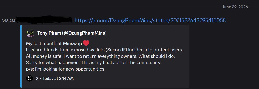 KevinKi51885335's tweet photo. This was provided to me a few minutes ago in a Discord support ticket with a Cardano project that will remain unnamed for the time being. The post has since been deleted by @DzungPhamMins, no doubt facing threats or coercion by @secondfiapp (who have utterly bungled this dabacle, imo) and/or @MinswapDEX management and possibly even @emurgo_io. 

If true, Pham is a hero for securing easily tens of millions in LP/farming/staking assets on Minswap and should be recognized for his bravery and commitment to the Cardano community.