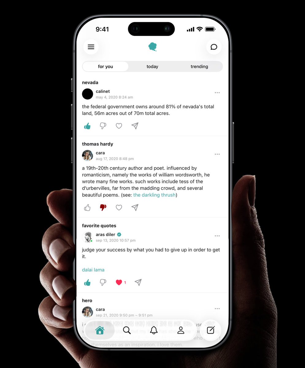 arasdiler's tweet photo. i built a social media app, entirely on @expo.

but it's the opposite of a feed. it's shaped like a dictionary, every topic gets one page, and everyone writes the definitions.

no feed, no algorithm, no follower counts. you read what people actually think about a thing, all in one place, instead of watching it scroll past.