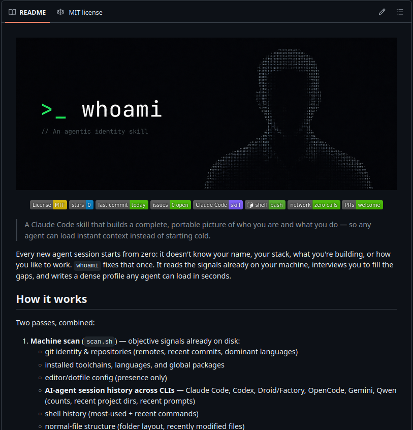 rumpel_sol's tweet photo. I built whoami

a skill that scans your machine + interviews you, then hands any agent a profile of you. local, open source 👇

https://t.co/PS4CZ4Vz5d https://t.co/TUP04vxKoa