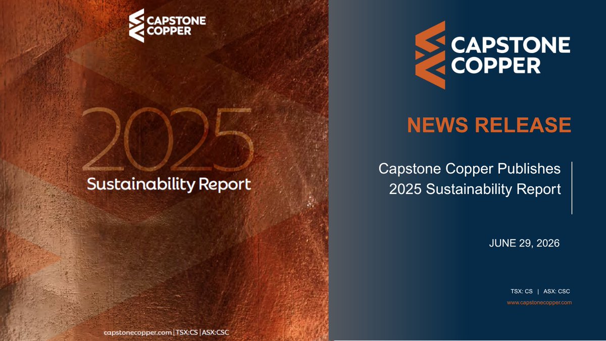 CapstoneCopper's tweet photo. We are pleased to announce that we have published our 2025 Sustainability Report, highlighting the meaningful progress made on our Sustainable Development Strategy across our five priority areas of Climate, Water, Tailings, Biodiversity and Communities. Our approach to sustainability is grounded in safety, accountability and disciplined execution, all while delivering production growth to meet the increasing demand for copper, the key metal for electrification.

Read the full report here: https://t.co/NXWbc4zkFi