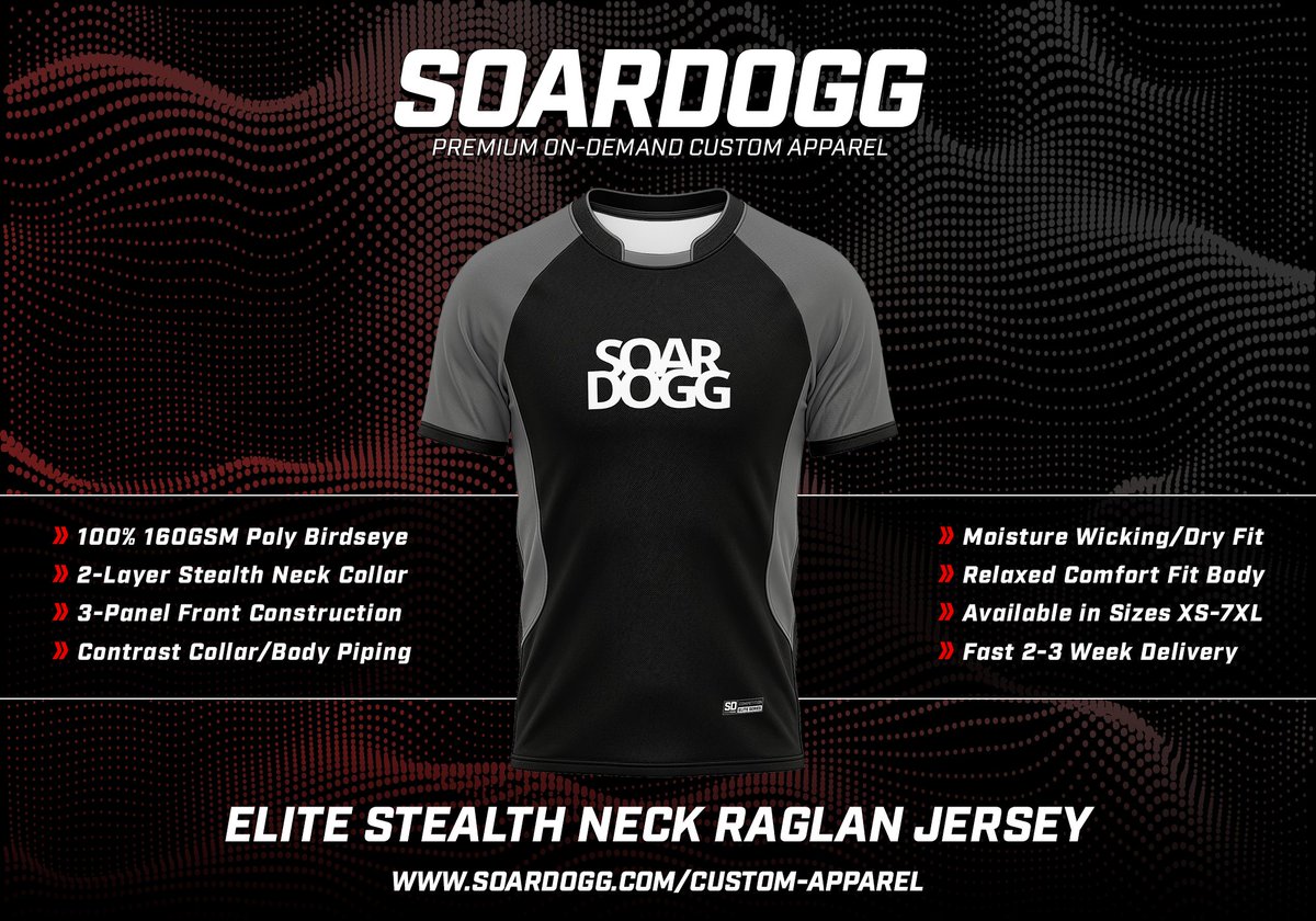 SoarDogg's tweet photo. NEW PRODUCT ANNOUNCEMENT!!

Introducing the Elite Stealth Neck Raglan Jersey

A premium performance jersey designed with clean lines, modern construction, and comfort that goes the distance.

Crafted from 160GSM polyester birdseye, it features a signature 2-layer Stealth Neck collar, 3-panel front construction, contrast collar and body piping, moisture-wicking performance, and a relaxed comfort fit built for every level of competition.

Available in XS–7XL with fast 3-week delivery.
#SoarAbove

Add to your shop today
https://t.co/eSMuBRHtxL