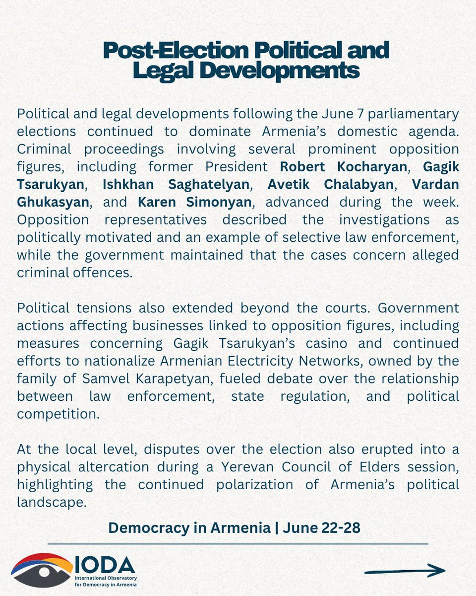 ArmeniaObserved's tweet photo. Key developments included ongoing legal proceedings against opposition figures, proposed electoral reforms, debate over a nationwide IMEI phone registration system, evolving church–state relations, and growing concerns about political polarization and democratic discourse. https://t.co/xSxb9r3Rm5