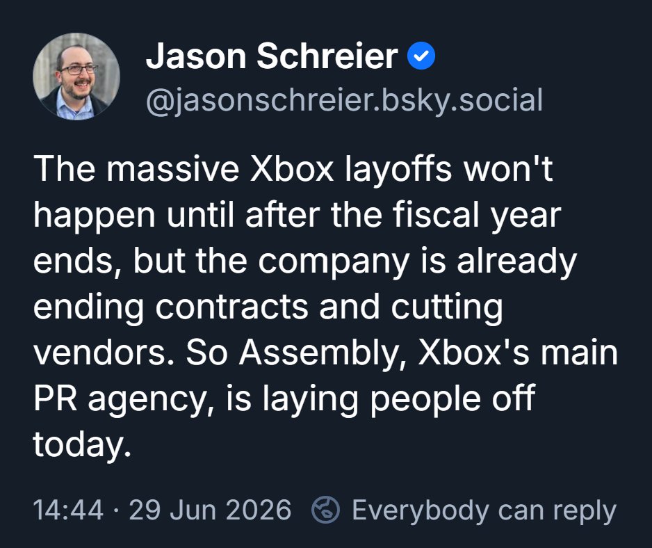 IdleSloth84_'s tweet photo. BREAKING | According to Jason Schreier, XBOX is ending various contracts and cutting its vendors.

Today, Xbox's main PR firm, Assembly, is laying off employees. https://t.co/5A64br65R6