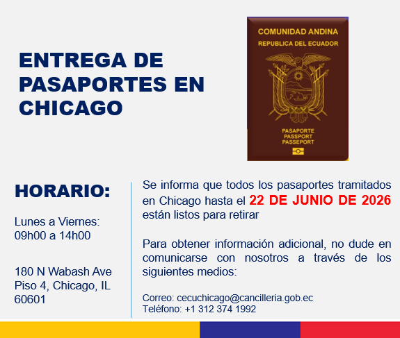 CecuChicago's tweet photo. ✨ ¡Buenas noticias! ✨
Si realizaste tu trámite de pasaporte hasta el 22 DE JUNIO de 2026, 📌 ya puedes retirar tu documento en el Consulado del Ecuador en Chicago.
✅ ¡Te esperamos! https://t.co/2A5xq6Htu0