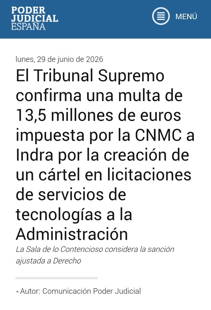 UACD_Youtube's tweet photo. El Tribunal Supremo condena a la empresa estatal Indra, por fraude en la contratación, al obtener conocimiento anticipado de las licitaciones gracias a sus contactos en las administraciones públicas.

Esta es la empresa a la que Pedro Sánchez ha dado el escrutinio electoral de las próximas elecciones generales.

¿Si ha hecho fraude en la contratación cuál es el motivo por el que no iba a hacerlo en las próximas elecciones generales?

Esto debe saberlo toda España y exigir que otra empresa haga el escrutinio.
🔥Rt a fuego🔥 
#NoAlEscrutinioDeIndra

Todo aquí:
https://t.co/eAOoT4Gn4P