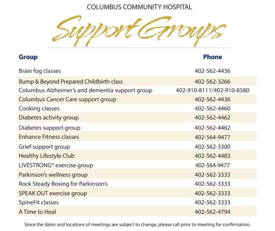columbushosp's tweet photo. We offer support groups at Columbus Community Hospital to help you through health challenges and personal transitions. Explore your options today! #supportgroups #CCH #columbusne #conditions #encougement https://t.co/sve80AQBGV