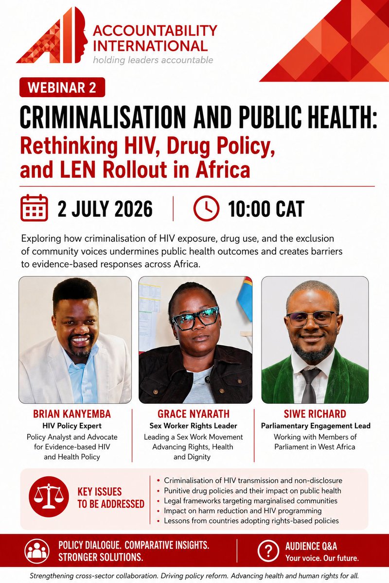 Account4All's tweet photo. Zoom Link: https://t.co/rvzUjuoDhT us for an important conversation on the intersection of #PublicHealth #HumanRights and the law. 2 July 2026 at 10:00 CAT Criminalisation and Public Health: Rethinking HIV, Drug Policy, and LEN Rollout in Africa @sadziwa @AfricaSexWork https://t.co/DVKyBVxcYN