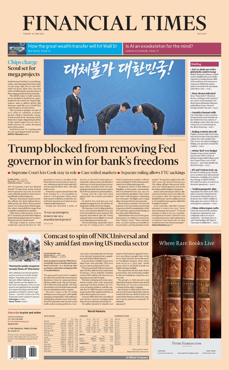 AndyGibsonTV's tweet photo. "TRUMP BLOCKED FROM REMOVING FED GOVERNOR IN WIN FOR BANK'S FREEDOMS"
@SENOJ_ERIALC / @ByEllaLee / @Stef_Palma for @FinancialTimes  

Supreme Court in United States have blocked Donald Trump from firing Federal Reserve Governor Lisa Cook.

#FinancialTimesUSA
#TomorrowsPapersToday https://t.co/TZDJov6QdY