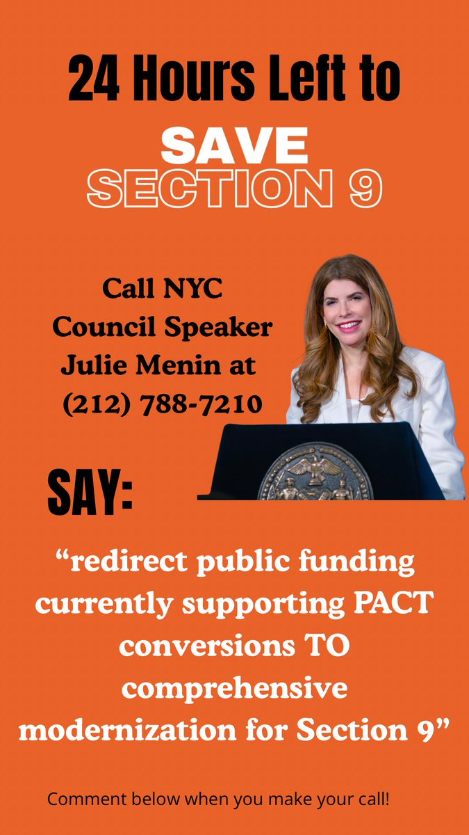 SaveSection9's tweet photo. Call (212) 788-7210 and let Julie know “ she must redirect public funding currently supporting PACT conversions TO comprehensive modernization for Section 9”. #cityfheps #savesection9 #publichousing #keeppublichousingpublic #housingisahumanright https://t.co/4MjuEfRQ4v
