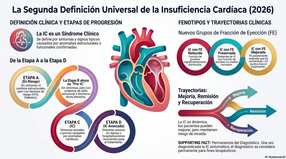 carlos1184's tweet photo. AHA/ACC/ESC/WHF Expert Consensus Document: Second Universal Definition of Heart Failure (2026)

📑Documento de consenso de 2026 que presenta la Segunda Definición Universal de la Insuficiencia Cardíaca, elaborada conjuntamente por las principales sociedades cardiológicas globales como la AHA, ACC, ESC y WHF. 

🫀Establece un marco estandarizado para clasificar la enfermedad, abandonando los puntos de corte rígidos de la fracción de eyección en favor de grupos clínicos más funcionales y representativos. 

❣️Se enfatiza la importancia de la detección temprana en las etapas iniciales, denominando a la etapa B como "pre-insuficiencia cardíaca" para fomentar intervenciones preventivas proactivas.

https://t.co/uL69Dw21LA