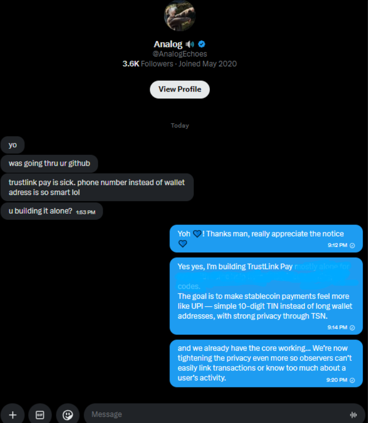 0xbigdream's tweet photo. Someone just DM'd me: #TKUB 🪁
"TrustLink Pay is sick. Phone number instead of wallet address is so smart."
Feels good when idolos get the vision early.
We're building private stablecoin payments on Solana with TINs + TSN.
@SuperteamNG
@SolanaFndn
@solana
@superteam https://t.co/34wrgV8xZ7