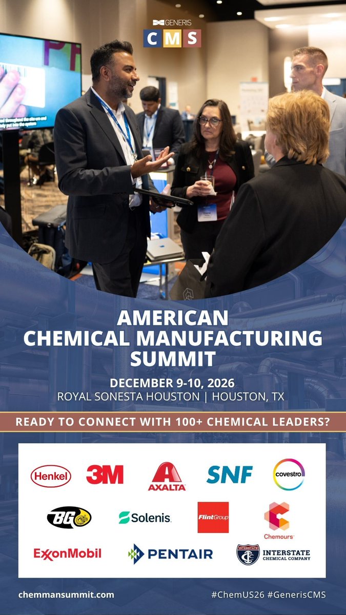 Generis_Chem's tweet photo. Your biggest client is already registered.
CMS 2026 brings together 100+ senior leaders from chemical manufacturing for sponsor-led workshops and pre-arranged 1-2-1 meetings!

Will you be in the room?
Find out more: https://t.co/8NpppuxMts

--
#GenerisCMS #ChemUS26 https://t.co/xDVxPS1nE7