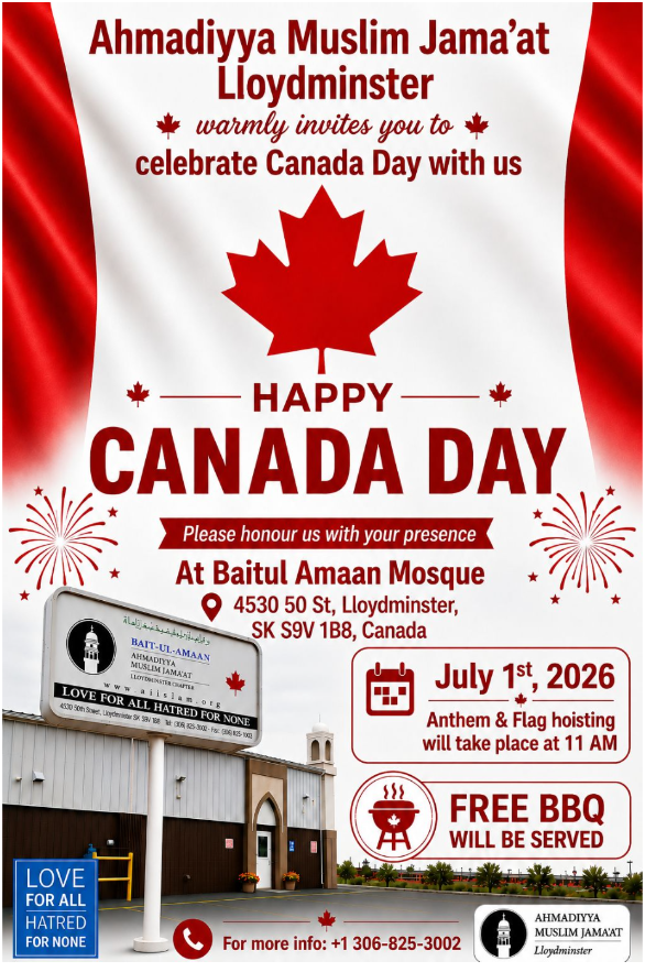 AMJLloydminster's tweet photo. AMJ Lloydminster warmly invite Mosque Neighborhood to "Canada Day BBQ" Wednesday July 1st, 2026 11:00 am at Baitul Amaan Mosque.
#AMJLloydminster
#Lloydminster
#BaitulAmaanMosque
#CanadaDay
@MeridianSource
@PrimeTimeLocal https://t.co/eLqcbRaip4
