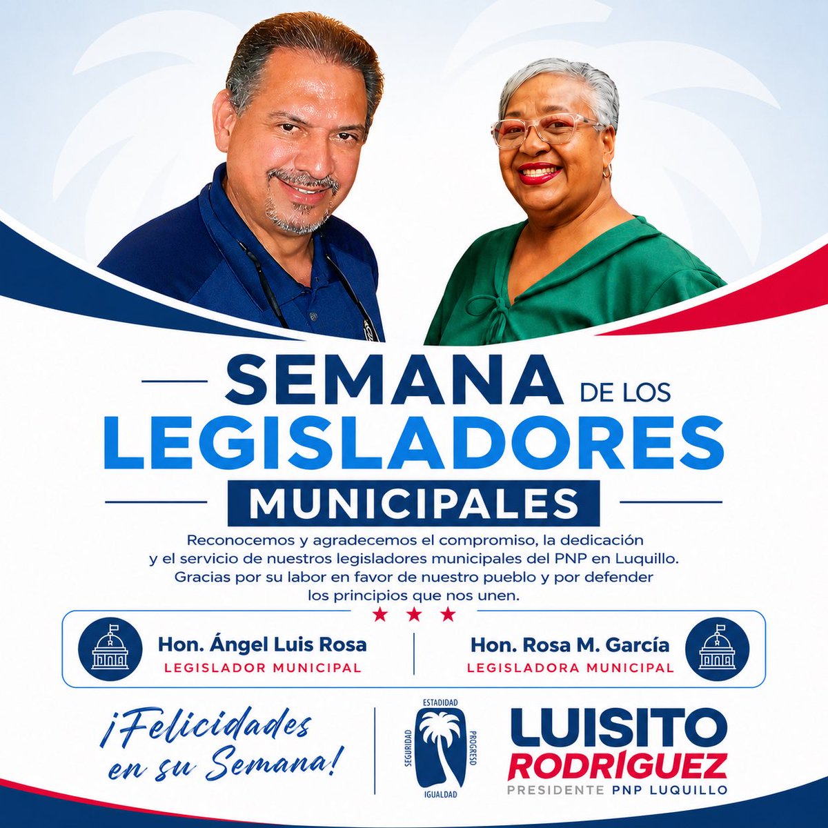 prluisrodriguez's tweet photo. Mi reconocimiento y agradecimiento al Hon. Ángel Luis Rosa y a la Hon. Rosa M. García por su compromiso, servicio y el trabajo que realizan en favor de nuestro pueblo.

Cuentan con mi respeto y aprecio. ¡Muchas felicidades a ambos en la Semana de los Legisladores Municipales! https://t.co/pCy1l3OyP8