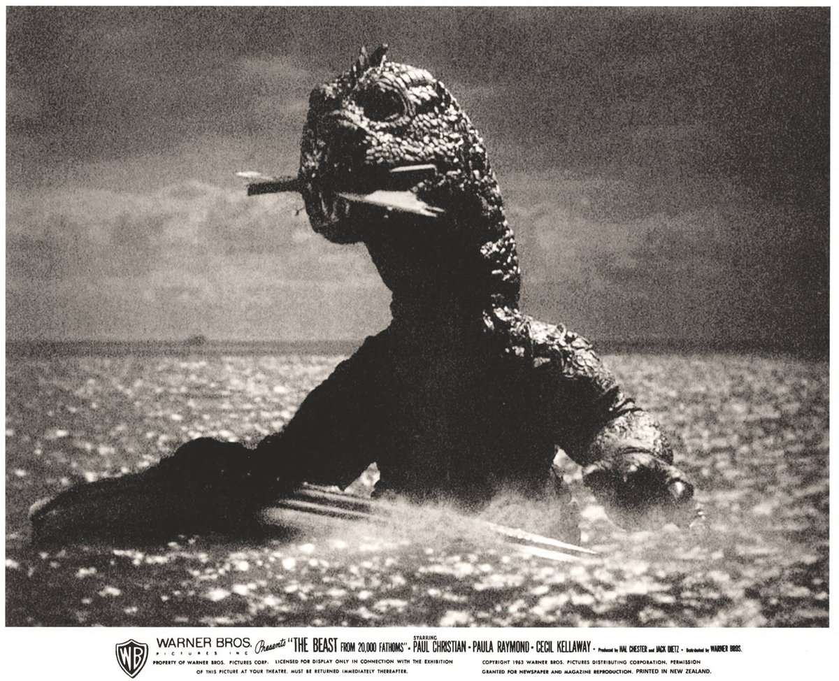 monsterblog426's tweet photo. The Rhedosaurus munches on a ship in this lobby card for 'The Beast From 20.000 Fathoms' (1953). https://t.co/ovGOwhZi2B