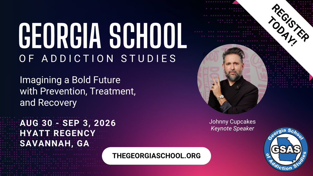 theGAschool's tweet photo. You don't want to miss @JohnnyCupcakes as our keynote speaker for the 2026 Georgia School of Addiction Studies!

Don't delay! Register now to join us  August 30 - September 3 at the Hyatt Regency in Savannah: https://t.co/laWfvEU3Rb. https://t.co/zNYAXhSJgt