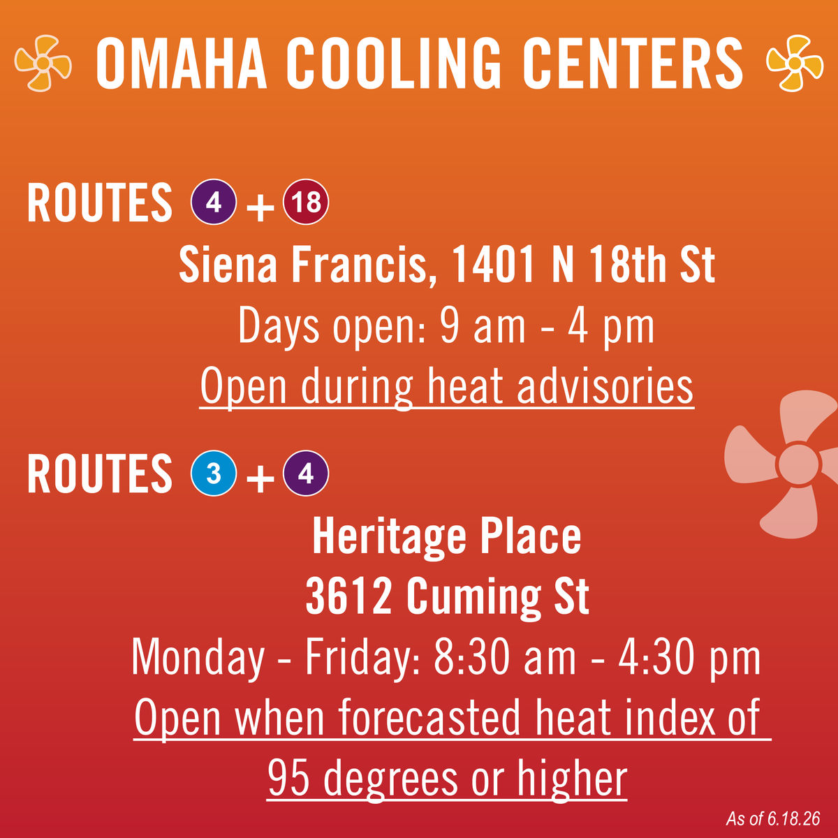 rideORBT's tweet photo. With the hot weather this week, make sure you can find ways to beat the heat! Check out local cooling centers along our routes, and make sure you and others are staying safe in these temperatures ☀️ https://t.co/qi3Np07c8i