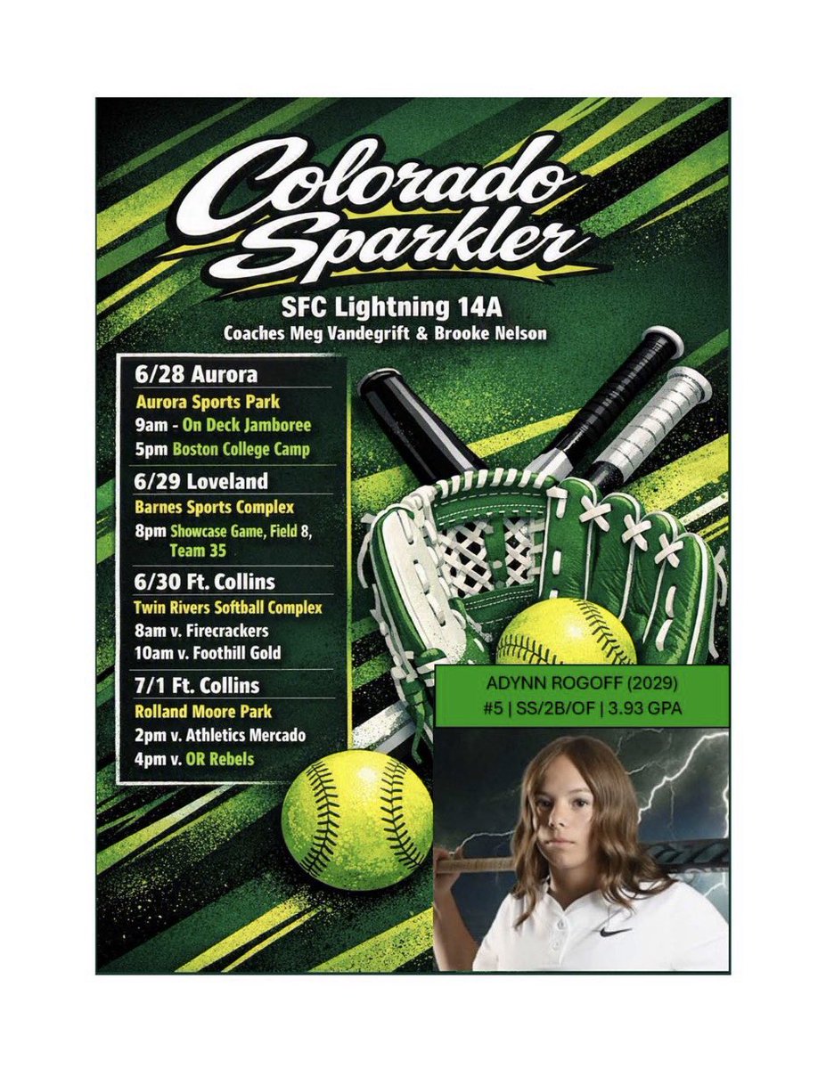 Adynn5Softball's tweet photo. @JenTeague24 Was great to meet you at camp on June 22nd, Coach! Here’s my schedule at Soarkler!! https://t.co/vzP3Z01D9b