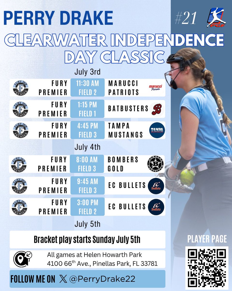 PerryDrake22's tweet photo. A week away from the field was enough. Excited to get back to competing with @FuryPremier2028 at the Clearwater
Independence Day Classic.
Looking forward to a great weekend and hope to see college coaches out watching! https://t.co/Ik3W8hVEPH