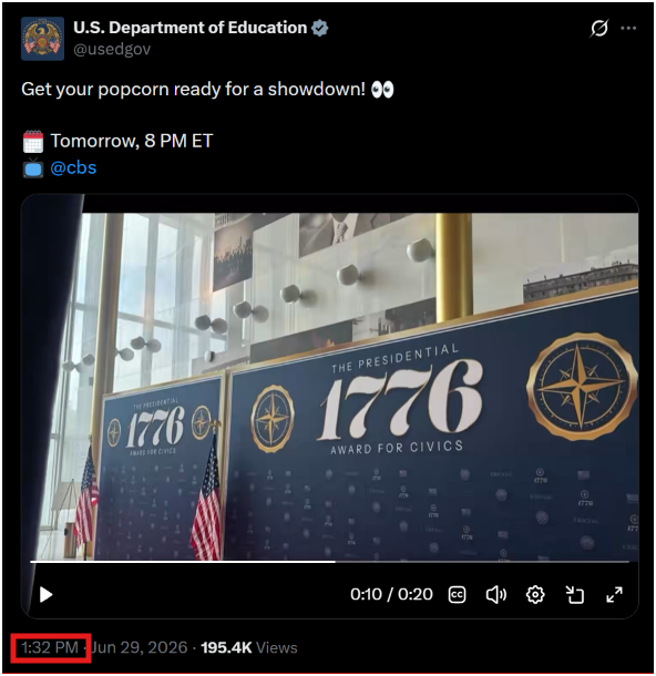 7thDean's tweet photo. The U.S. Department of Education's post "Get your Popcorn ready for a showdown!" showing "THE PRESIDENTIAL 1776 AWARD FOR CIVICS" banner in the Oval Office has a timestamp of 1:32 PM EST, 13:32 Military Time

Q 1332
Fellow Patriots:
What you are about to learn should not only scare you, but intensify your resolve to take back control [Freedom].👈 US Department of Education 👨‍🎓 
The information that will become public will further demonstrate the criminal & corrupt [pure evil] abuse of power that the Hussein administration undertook in joint efforts w/ domestic and foreign dignitaries. The snowball has begun rolling - there is no stopping it now. D5.
Stay the course and trust the plan. 
Protective measures are in place.
Remain BRAVE. 
We knew this day would come.
https://t.co/wQT4faVqwa
United We Stand (WW).
WWG1WGA.
We FIGHT.
Conspiracy no more.
Q

The U.S. Department of Education is actually teaching us something by letting us know what we are about to learn should not only scare us, but intensify our resolve to take back control for our FREEDOM, Stay the course and trust the plan, protective measures are in place. We knew this day would come, United we stand worldwide as we fight this fight together, Conspiracy no more. WWG1WGA..🌎👊🐸🔥🔥

Get your Popcorn ready for a showdown, it's going to be like 1776 all over again as we fight for our FREEDOM worldwide.....🍿🥳🙏