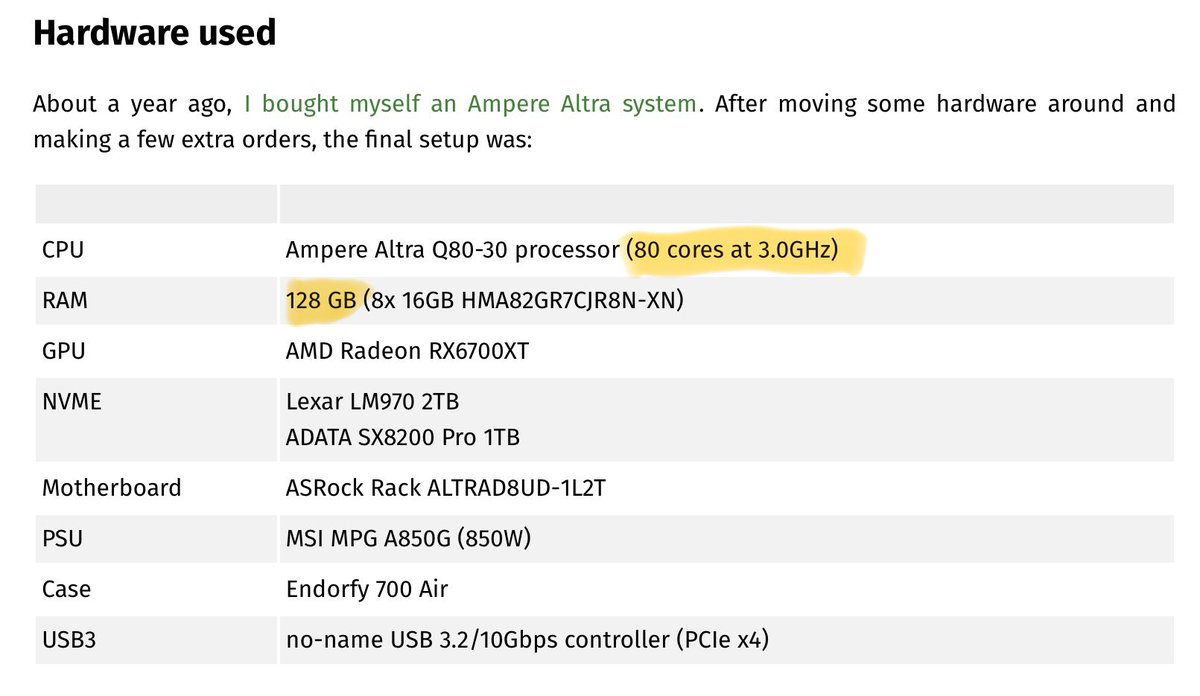 LundukeJournal's tweet photo. A senior engineer on the ARM team at Red Hat has abandoned ARM for his main workstation, citing massive performance problems (among other issues).

The developer spent roughly $2,000 (USD), a year ago, to build a custom 80 core ARM (3GHz) powerhouse of a machine with 128GB of RAM.

But, after less than a year of trying to make it work, he went back to his older AMD64 workstation where “things work fine”.

He has chronicled his experience (with the many problems he experienced trying to use the ARM version of Fedora Linux, which his employer owns).

So now a senior ARM engineer at Red Hat is back to using AMD64.  Which… oof.

https://t.co/iCx1B1ErGN