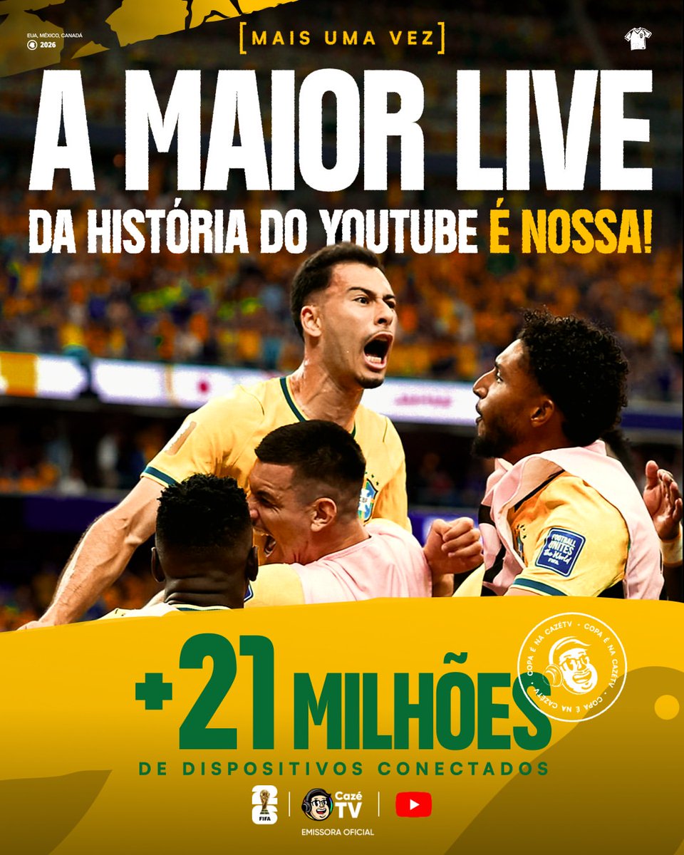 CazeTVOficial's tweet photo. Oiiiii, sou eu de novo! Na verdade.......... somos nós!!!!!! Sempre! 💚💛💚💛

Que orgulho!!!!!! Mais uma vez, quebrando o recorde mundial. 21 milhões de vezes, obrigado!!!!!!!
Seguiremos, por maissss! Essa comunidade é incansável no quesito  fazer história.
E anota aí mais um capítulo lindo: a maior live da história do YouTube é de vocês, é nossa, de novo!

Brasillllllllllllll no topo! 🇧🇷🏆😍