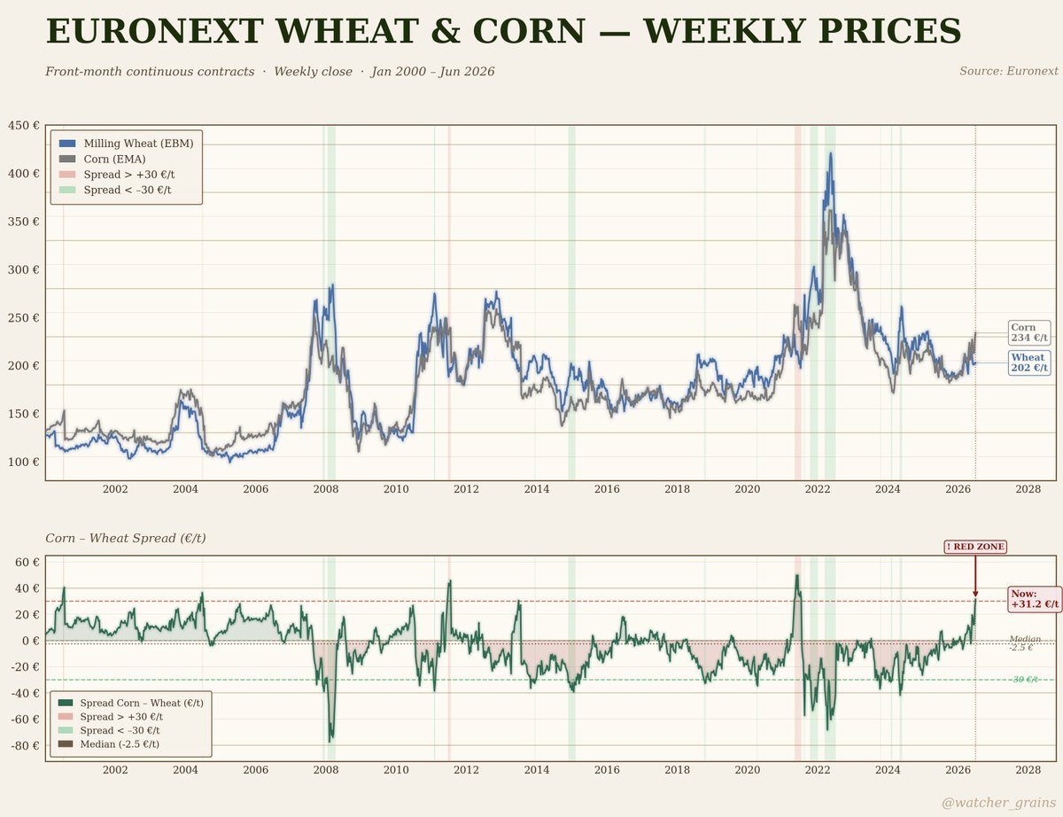 WATCHER_GRAINS's tweet photo. 🇪🇺🌽Something rare is happening on the Euronext agricultural market.

Concerns over the upcoming corn crop have pushed the Euronext corn premium over wheat to an exceptional level.

🌾 Wheat: €202.50/t
🌽 Corn: €233.75/t
➡️ The spread has widened to €31.25/t.

Since 2000, we've seen such a large spread only five times.

Spread trading opportunity ?!👀