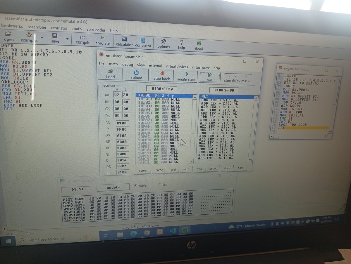 gloria_41888's tweet photo. Another lesson learned in Assembly Language.
I got a semantic error in Assembly Language today.
I was adding 10H to each element of an array, DT1,  and storing the results in another array, DT2, using a loop. https://t.co/PiRyz2hM8L