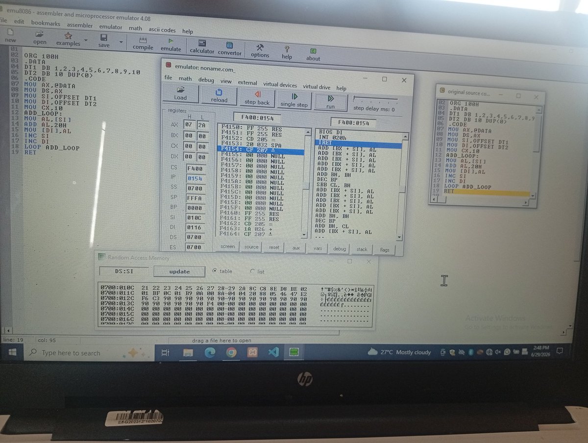 gloria_41888's tweet photo. Another lesson learned in Assembly Language.
I got a semantic error in Assembly Language today.
I was adding 10H to each element of an array, DT1,  and storing the results in another array, DT2, using a loop. https://t.co/PiRyz2hM8L