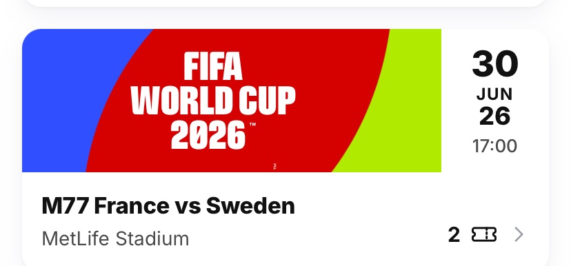 fsedacetin's tweet photo. Im looking to sell my two tickets for France vs Sweden at MetLife Stadium New jersey, June 30 at 5:00 pm 
Catergory 1

Price : $800 each
Section 135 row 23
Willing to show video proof before payment 
Dm for more info
#FranceVsSweden 
#Fifaworldcup2026tickets https://t.co/wSpT1XVzu5