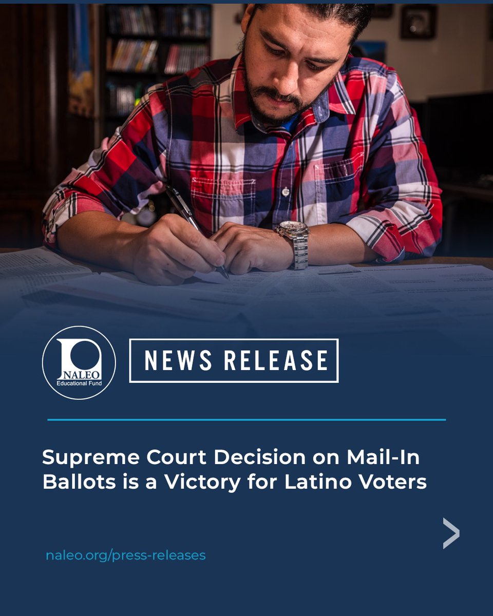 NALEO's tweet photo. CEO Erica Bernal-Martinez released this statement following the Supreme Court's decision on mail-in ballots. The ruling affirms that states have the authority to count mail-in ballots postmarked by Election Day. ⚖️ 🙌🏾 📬 

Swipe right for the full statement. 👉🏾 https://t.co/L92SZqKBKx