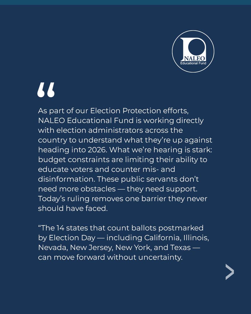 NALEO's tweet photo. CEO Erica Bernal-Martinez released this statement following the Supreme Court's decision on mail-in ballots. The ruling affirms that states have the authority to count mail-in ballots postmarked by Election Day. ⚖️ 🙌🏾 📬 

Swipe right for the full statement. 👉🏾 https://t.co/L92SZqKBKx