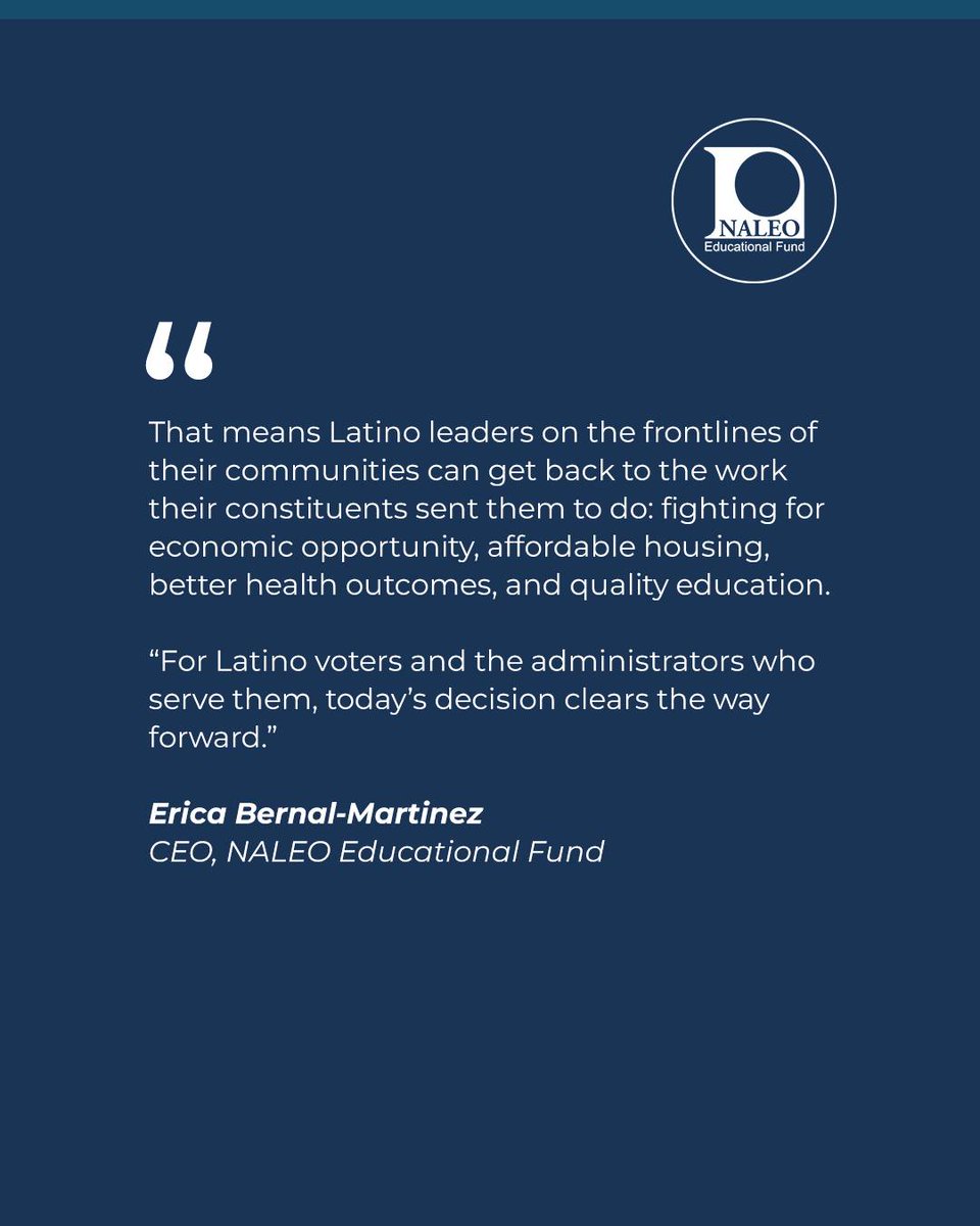 NALEO's tweet photo. CEO Erica Bernal-Martinez released this statement following the Supreme Court's decision on mail-in ballots. The ruling affirms that states have the authority to count mail-in ballots postmarked by Election Day. ⚖️ 🙌🏾 📬 

Swipe right for the full statement. 👉🏾 https://t.co/L92SZqKBKx