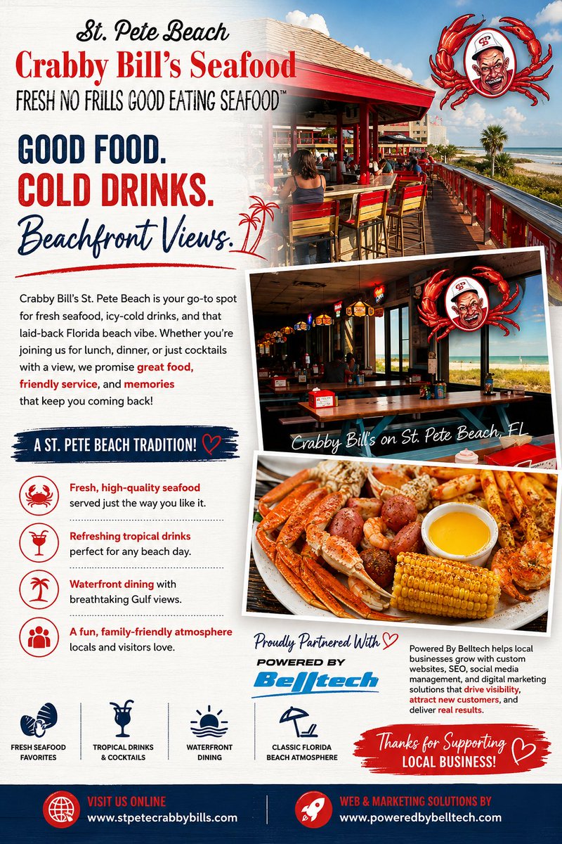 BelltechPower's tweet photo. Powered By Belltech is proud to support Crabby Bill's St. Pete Beach by helping strengthen their online presence.🌴🍹🦞

Visits Crabby Bill's St. Pete🌐https://t.co/eo1JuzKgyW 
Visit Powered By Belltech🌐 https://t.co/dKQy5AvnYb 

#CrabbyBills #PoweredByBelltech https://t.co/QeJJNTLPFR