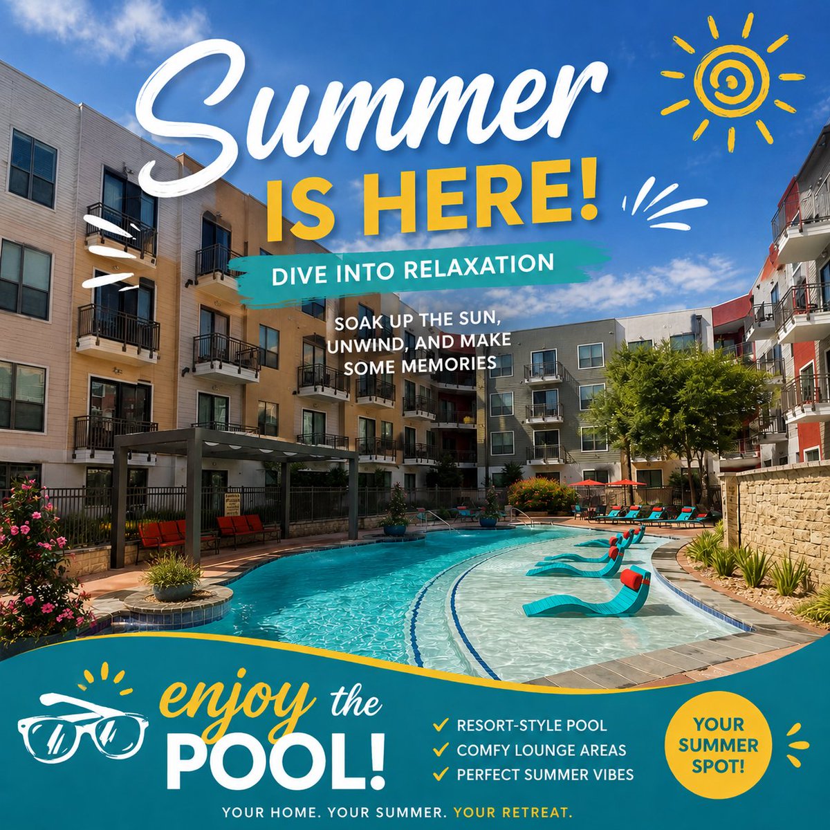 SyncatMueller's tweet photo. Summer at SYNC at Mueller ☀️ Enjoy poolside living right at home.
#SYNCResidential #SYNCatMueller #AustinApartments #MuellerLakePark #512living #EastAustin #ATXliving #ExploreAustin #CommunityLiving https://t.co/kmB2TMSybh