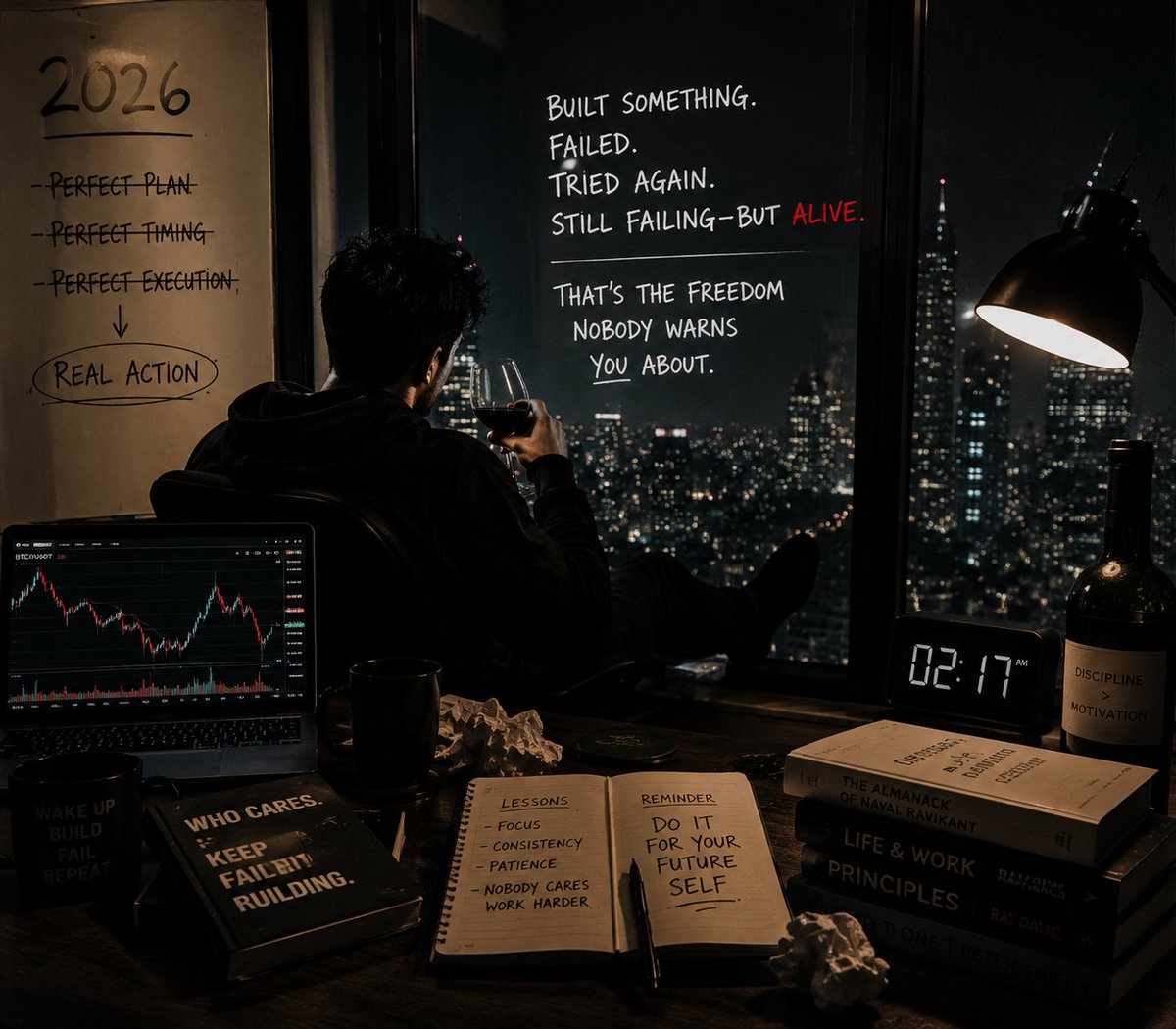XRAYK2N's tweet photo. Red wine at 2AM wen u realize ur whole year didnt go the way u planned
Started chasing perfect Ended up building messy things that actually exist
Broke ideas Fixed nothing Started again anyway
Still failing
Still learning
Turns out  what freedom actually feels like
@RallyOnChain https://t.co/MAIP1KZovC