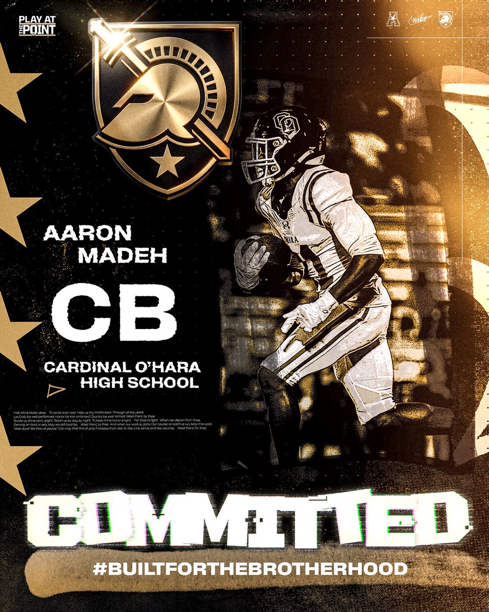 aaron_madeh7's tweet photo. I am Blessed and excited to announce my commitment to continue my academic and athletic career at @ArmyWP_Football! Thank you to my Family, coaches, and everyone who supported me along the way! #committed @coach_U @CoachJohnLoose @CoachPrince7 @goblackknights @OHara_Football https://t.co/TVVLYxE3th