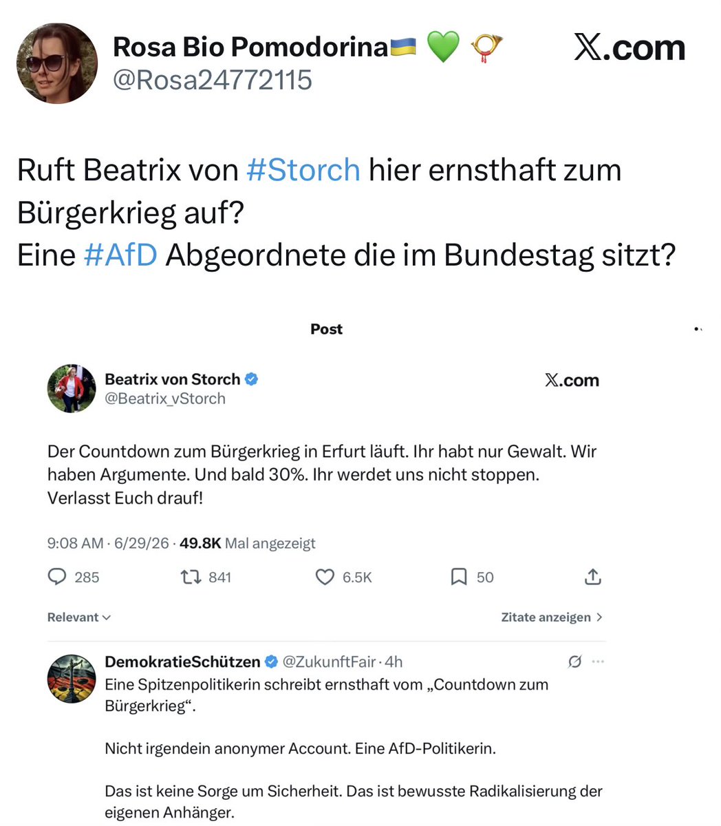 queru_lant's tweet photo. Wie strunzverblödet kann man eigentlich als Linksgrüne noch sein?

Die Antifa mobilisiert zusammen mit der Bundestagspartei „Die Linke“ Tausende ihrer gewaltbereiten Anhänger, um den AfD-Parteitag mit bürgerkriegsähnlichen Mitteln zu verhindern.

Man muss schon einen gewaltigen Hirnfick erlitten haben, um im Post von @Beatrix_vStorch einen „Aufruf zum Bürgerkrieg“ zu erkennen.