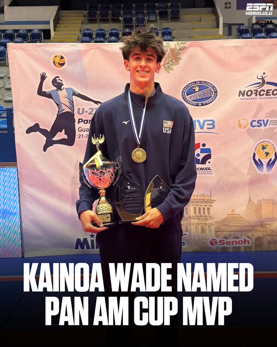ESPNHonolulu's tweet photo. 🏅 Kainoa Wade helped Team USA win gold at the 2026 NORCECA U21 Pan American Cup and was named the tournament's MVP and Best Server.

Fellow Rainbow Warrior Trevell Jordan also helped Team USA capture gold under head coach and former UH assistant Donan Cruz. 🇺🇸🏐 https://t.co/XeXNnp36h5