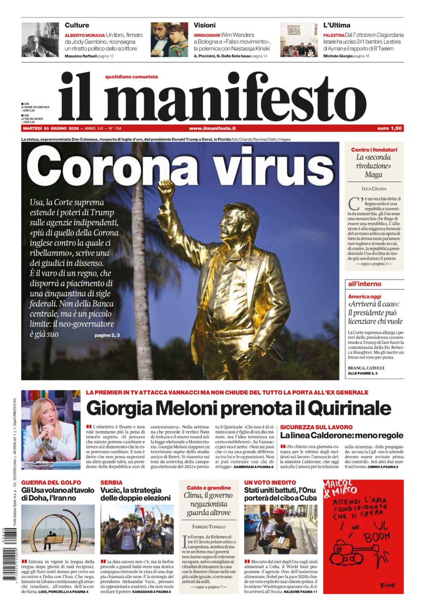 ilmanifesto's tweet photo. Usa, la Corte suprema estende i poteri di Trump sulle agenzie indipendenti, «più di quello della Corona inglese contro la quale ci ribellammo», scrive una dei giudici in dissenso. È il varo di un regno

#30giugno https://t.co/IqPz5Yxjlf