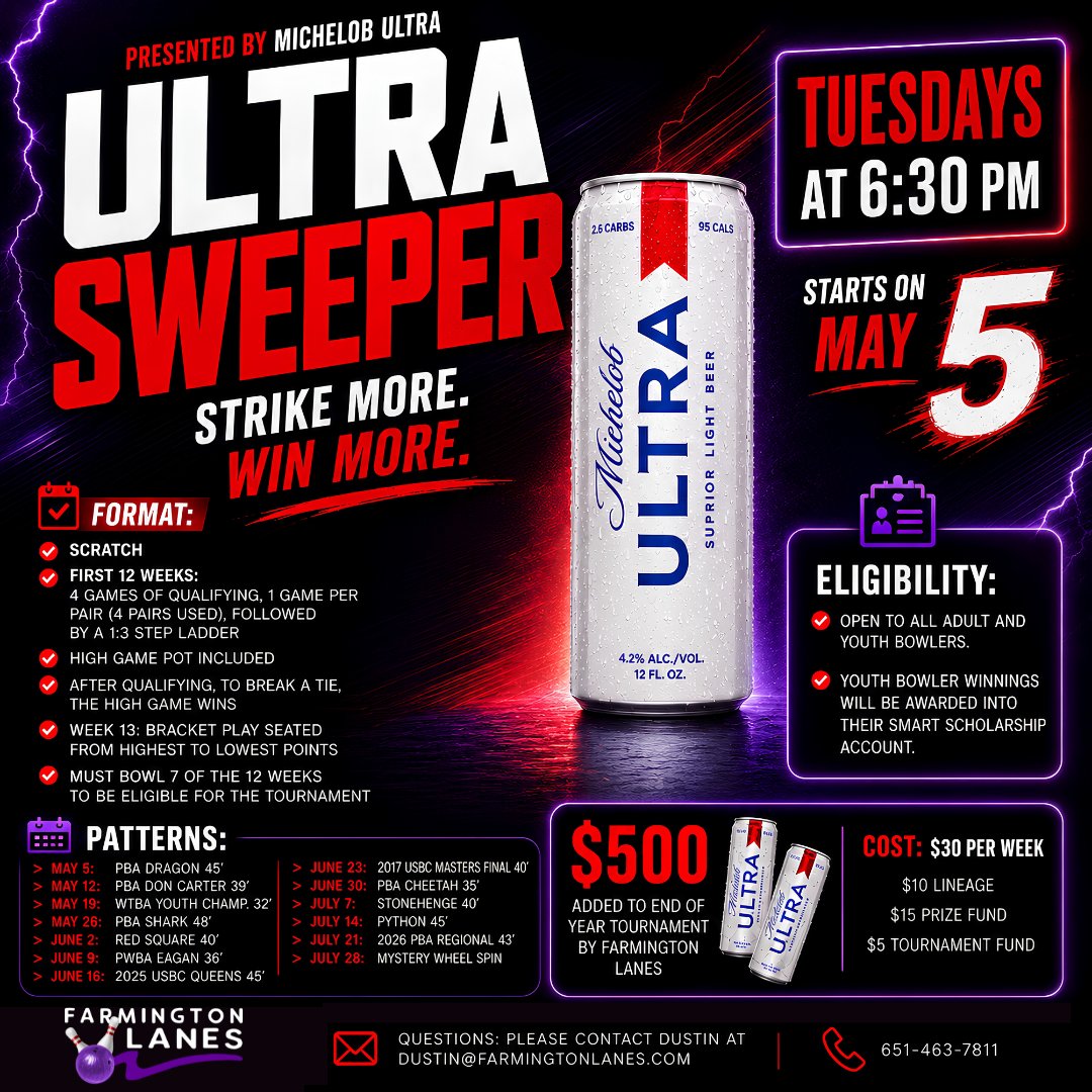 FarmingtonLanes's tweet photo. Ultra Sweeper - Powered by Michelob Ultra.

Do you have what it takes to conquer the PBA Cheetah?? Practice starts at 6:30 PM, and you’ll bowl 4 games across 4 pairs. We will then take the top 5 for the step ladder final.

Just $30 per person per week to join the action. https://t.co/9yZwShm9E4