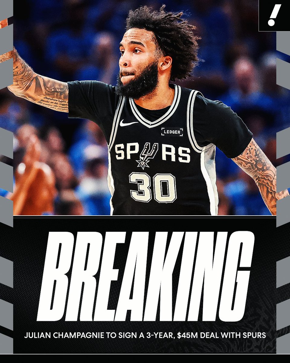 YahooSports's tweet photo. BREAKING: Spurs forward Julian Champagnie intends to sign a new three-year, $45M contract with the franchise through 2028-29, per @ShamsCharania.

San Antonio declined Champagnie’s $3M team option to give him a new deal. https://t.co/3JYeWb59He