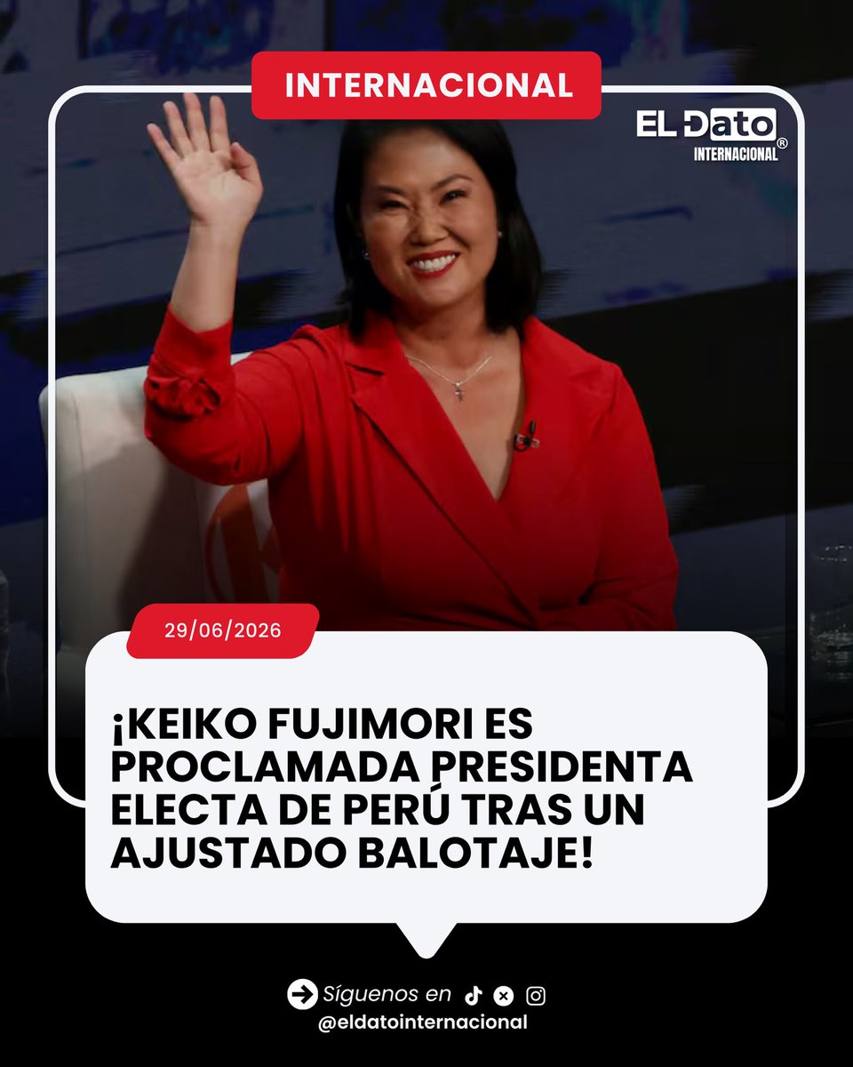 ElDatoIntern's tweet photo. 🌐 #Perú | Keiko Fujimori fue proclamada presidenta electa de Perú tres semanas después del balotaje, tras imponerse por un estrecho margen frente al candidato de izquierda Roberto Sanchez.

📌 Con el 100% de las actas contabilizadas por la Oficina Nacional de Procesos Electorales (ONPE), Fujimori obtuvo el 50,13% de los votos, mientras que Sánchez alcanzó el 49,86%, en una de las elecciones más reñidas de los últimos años en el país.

#Perú #KeikoFujimori #Elecciones #ONPE #ÚltimaHora