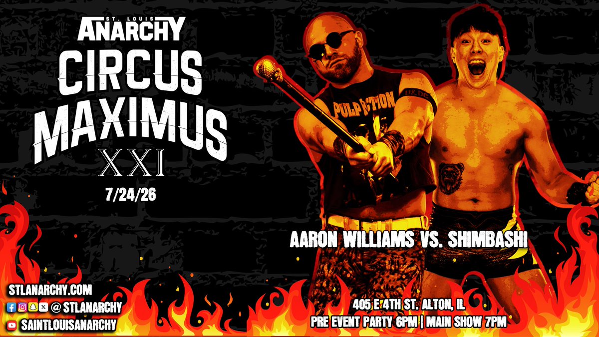 stlanarchy's tweet photo. 🚨 Match Announcement 🚨 

Shimbashi returns to St. Louis Anarchy at #CircusMaximus to face Aaron Williams! 

THE HEAT IS ON! 🔥 🥵 

🎟 available at https://t.co/YvBvVsq43s #SLACircus https://t.co/lN4JHvWfE3