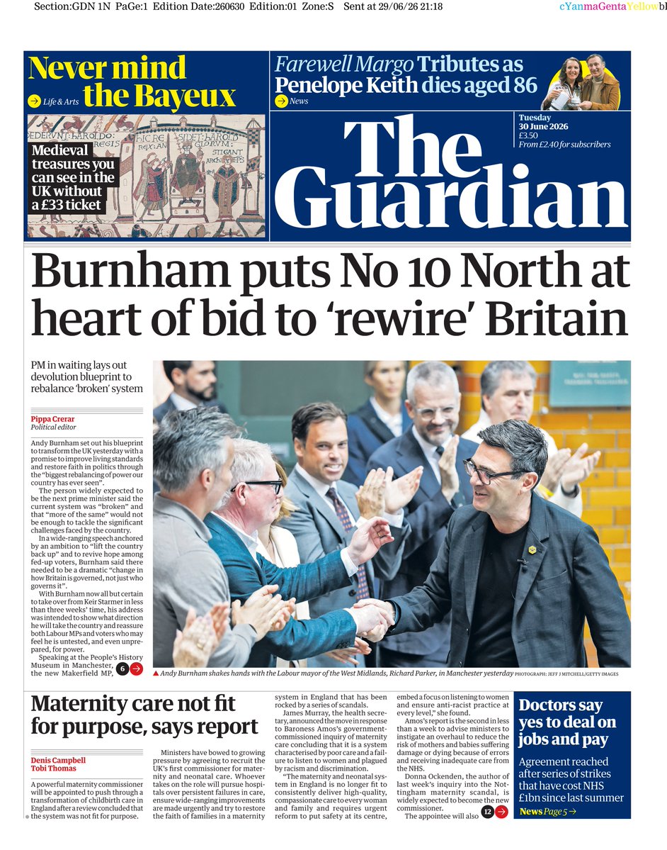 AndyGibsonTV's tweet photo. "BURNHAM PUTS NO 10 NORTH AT HEART OF BID TO 'REWIRE' BRITAIN"
@PippaCrerar for @Guardian 

Andy Burnham set out his blueprint to transform United Kingdom with a promise to improve Living Standards and restore faith in politics..

#TheGuardian
#TomorrowsPapersToday https://t.co/WeMkmqrOwK