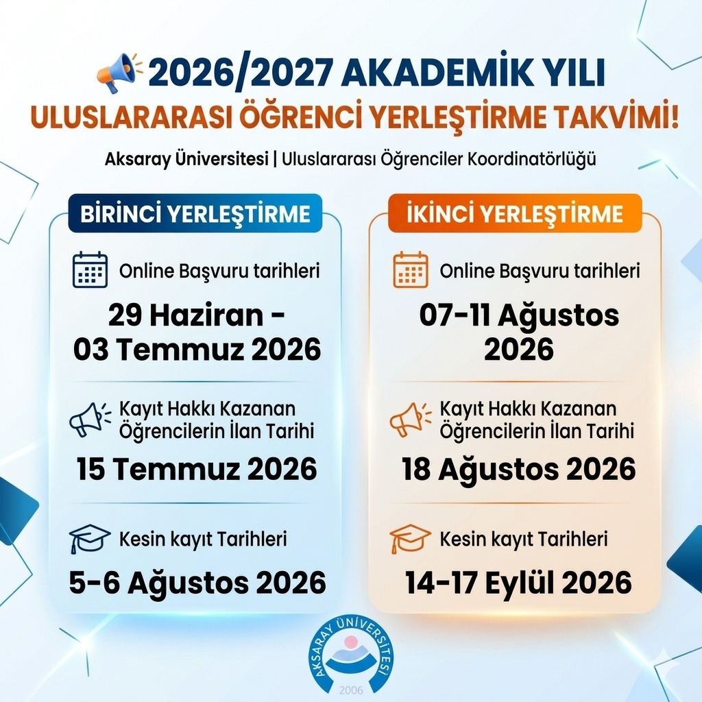 gencakademi68's tweet photo. 2026/2027 Akademik Yılı Uluslararası Öğrenci Yerleştirme Takvimi...

Online Başvuru Tarihleri 29 Haziran-3 Temmuz 2026

Kayıt Hakkı Kazanan Öğrencilerin İlan Tarihi 15 Temmuz 2026

Kesin Kayıt Tarihleri: 5-6 Ağustos 2026 https://t.co/6cbRdp0JUJ