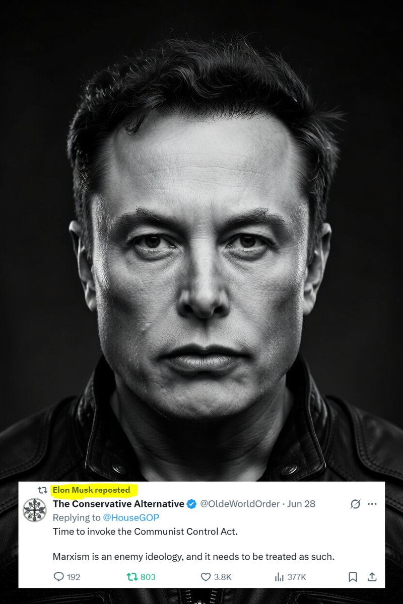 OldeWorldOrder's tweet photo. 🚨 ELON MUSK AGREES: It's time to invoke the Communist Control Act

I posted this yesterday, and Elon reposted it early this morning. I'm honestly relieved to see he understands the severity of the situation.

We need to take all of this just as seriously as our grandfathers did! https://t.co/ASgWFHujxw